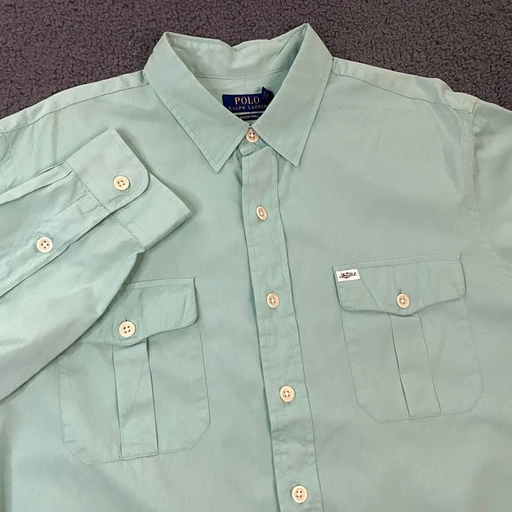 Polo Ralph Lauren Shirt Mens XL Mint Green Beach Twill Double Flap Pocket Naval